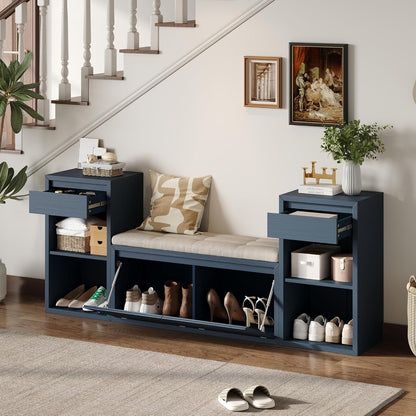 SOFTSEA All-in-One Entryway Storage Bench with Cushion, Compartments, Drawers and Open Shelves, Farmhouse Storage Bench for Hallway, Mudroom, Living Room, Antique Navy