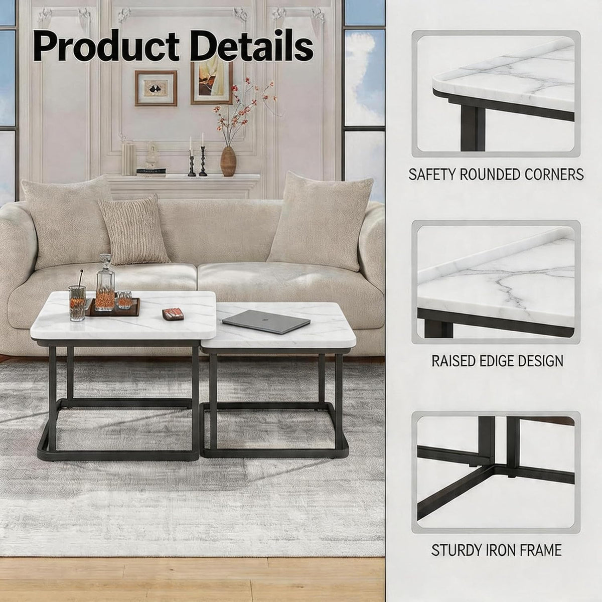 Set of 2 Nesting Coffee Tables, Space‑Saving Side Table Set,White | Stackable Design, Mid‑Century Modern Style, Multi‑Scene Usage, Ideal For Living Room, Bedroom And Balcony Decor