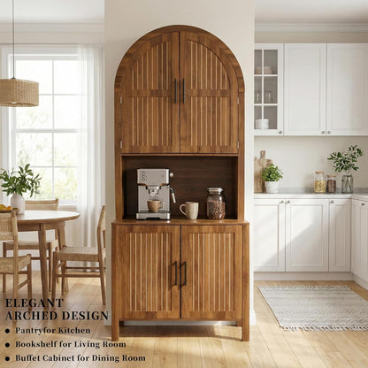 76" Tall Arched Kitchen Pantry,Large Storage Cupboard with Fluted Doors,Microwave Shelf,Modern Wooden Buffet Sideboard,Adjustable Shelves,Cabinet for Dining,Living Room,Walnut
