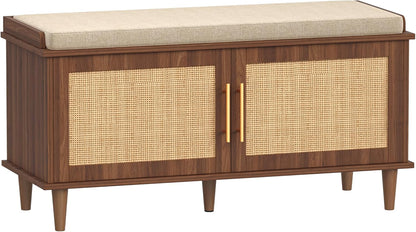 Akxomel Rattan Shoe Storage Bench with Cushion, 2-Tier Entryway Bench with Adjustable Shelves and 2 Doors, 15" D x 39.4" W x 20" H, Solid Wood Legs, for Hallway, Living Room, Bedroom, Walnut