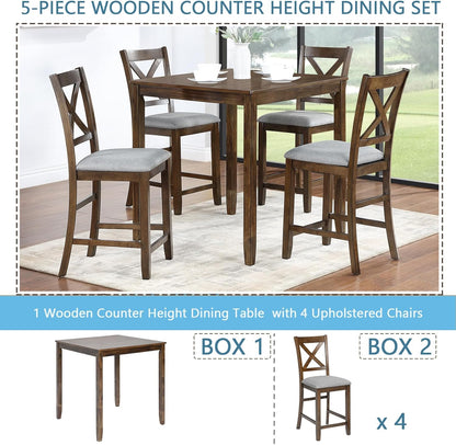 5 Piece Dining Table Set for 4, Solid Wood Square Dining Table Set, Counter Height Kitchen Table Set with Square Table and 4 Upholstered Chairs, X-shaped Backrest for Small Space, Walnut
