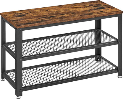 VASAGLE 3-Tier Shoe Rack, Shelf Storage Bench with Metal Mesh Shelves and Seat, Free Standing Shoe Organizer for Entryway, 11.8 x 28.7 x 17.7 Inches, Rustic Brown and Black ULBS73X