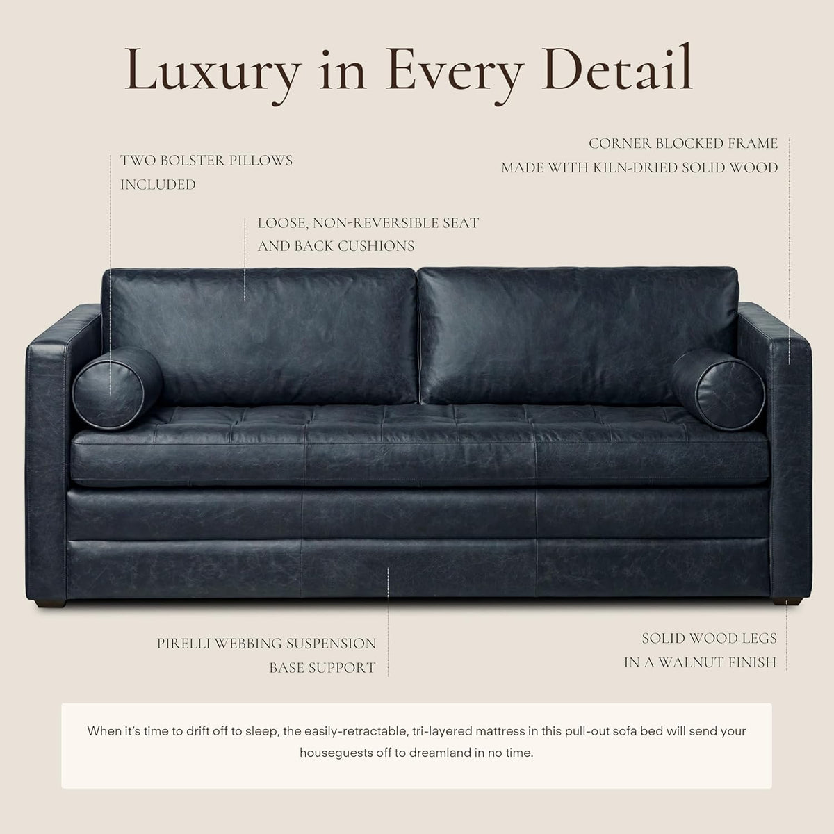 Poly & Bark Napa 82" Leather Pull‑Out Sleeper Sofa – Full‑Grain Italian Leather Upholstery,Tri‑Layer Mattress & Storage Console –Sophisticated Multi‑Functional Sofa Bed for Living Rooms & Guest Spaces
