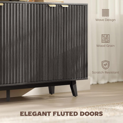 HOMCOM Fluted Sideboard Buffet Cabinet, 55" Modern Accent Console Cabinet with 4 Doors, 2 Adjustable Shelves and 5 Wood Legs, Dark Gray