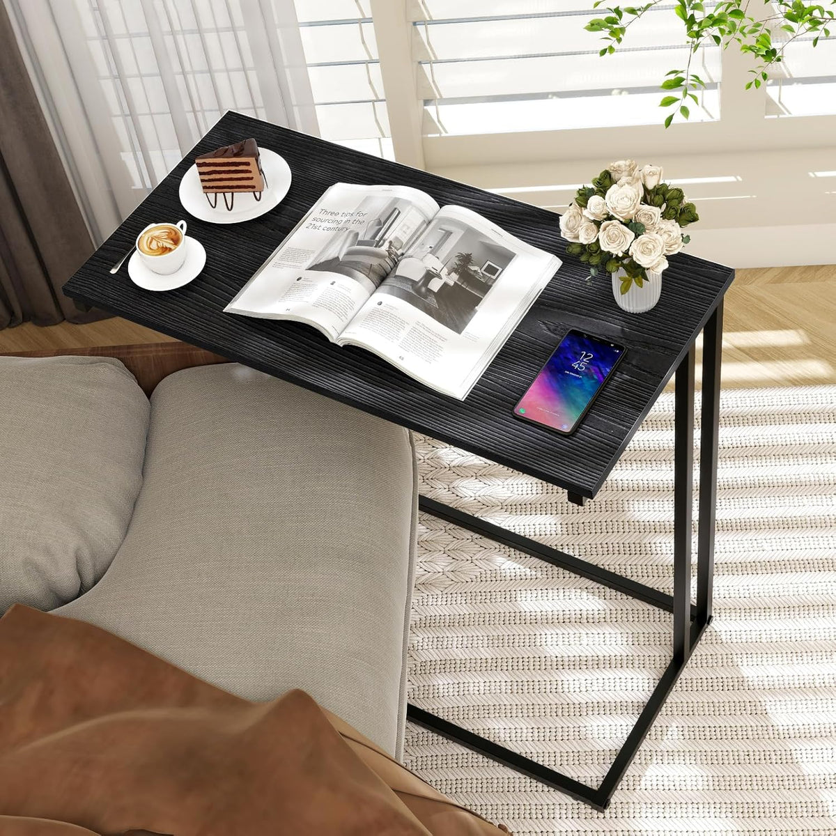C-Shaped Side Table, Modern End Table with Metal Frame, Space Saving Design for Living Room，Large Surface Couch Table for Bedroom, and Home Office，24 x 12 x 24 inches (Black)