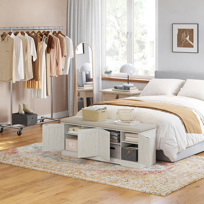 DINZI LVJ Shoe Bench, Entryway Storage Bench with Doors, Cushion, 2-Tier Shoe Rack with 8-Cubby, 47.2”L x 13.8”W Farmhouse Shoe Organizer Cabinet, Adjustable Shelf, Living Room, Bedroom, Rustic White