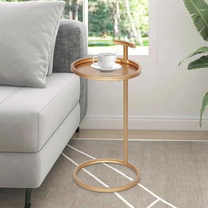 C-Shaped Base Round Metal Side Table with Carry Handle, Powder Coated Metal Frame, Round Tabletop with Raised Lip, Freestanding Portable End Table for Indoor Use