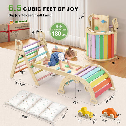 BlueWood Pikler Triangle Set Rainbow with Cushion and Wooden Busy Board