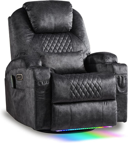 AHMED Dual Motor Power Swivel Rocker Recliner Chair, Velvet Grey | Electric Glider Rocking Chair, Massage & Heat, Cup Holders, LED Lights, USB A/USB C Ports