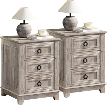 Joaxswe Farmhouse Nightstand Set 2, 18'' End Table | Sofa Bed Side Table with 3 Drawers, Oak Night Stand Cabinet for Organizer Bedroom Living Room