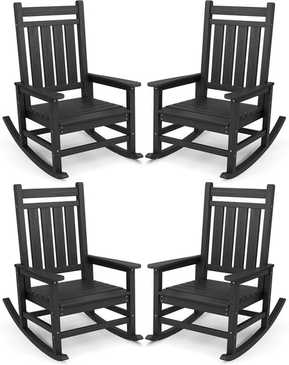 SERWALL Outdoor Rocking Chair Set of 4, HDPE Rocker for Adults, Black | 21.1" Widened Seat adds Extra Comfort, Oversized Rocking Chair for Adults, All Weather Porch Rocker for Lawn Garden