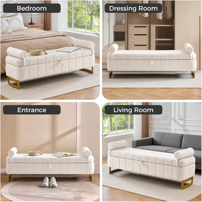 63" Storage Ottoman Bench, End of Bed Ottoman with Storage, Large Ottomans for Foot of Bed with Gold Legs and Removable Pillows for Entryway, Living Room, Teddy Cream White