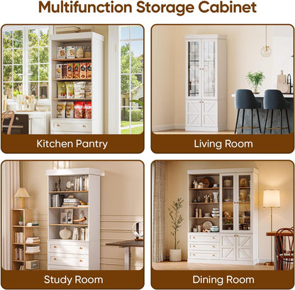 Vyre 71" Tall Farmhouse Kitchen Pantry, Large Storage Cabinets with Glass Doors, Freestanding Wood Hutch Cabinet with 3 Drawers, Adjustable Shelves for Living Room, Dining Room, Set of 4