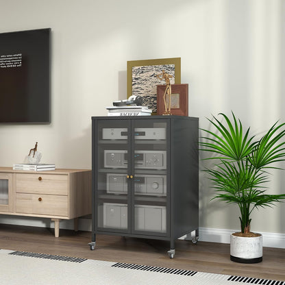 Stereo Cabinet, Metal Media Storage Cabinet with Glass Doors, Audio-Video Media Stand with 4 Adjustable Shelves, AV Stand for Meeting, Living, Recording Room, Require Assembly, Black