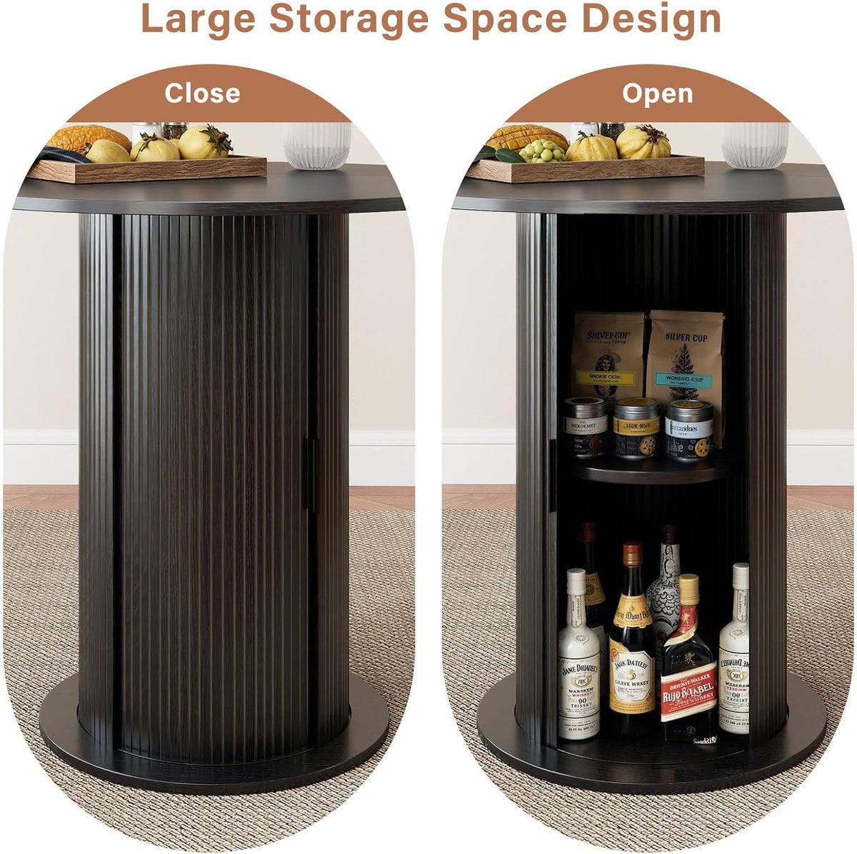 Round Dining Table with Storage,31.5" Modern Storage Kitchen Table for 2-4 People with Curved Sliding Door Fluted Wood Thickened Tabletop for Dining Room/Kitchen/Living Room,Black