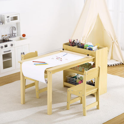 Kids Art Table with 2 Chairs, Toddler Craft Play Wood Activity Desk with 3-tier Storage Shelves for Writing Drawing, Children's Wooden Furniture Table and Chairs Set for Playrooms & Classroom