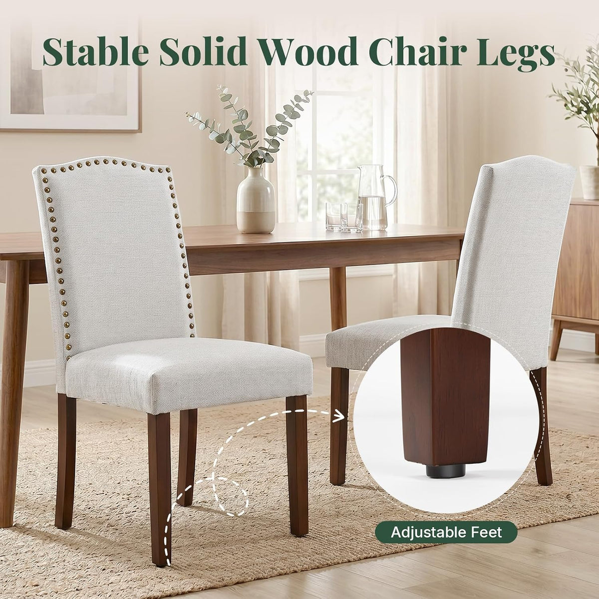 Upholstered Dining Chair Set of 4, Farmhouse Fabric Kitchen Chair | Modern, Padded Seat, Solid Wood Legs, High Back, Nailhead Trim, Living Room, Restaurant, Hotel, Beige