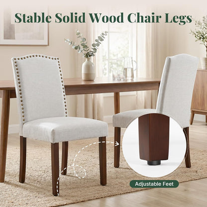 Upholstered Dining Chair Set of 4, Farmhouse Fabric Kitchen Chair | Modern, Padded Seat, Solid Wood Legs, High Back, Nailhead Trim, Living Room, Restaurant, Hotel, Beige