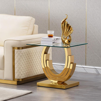 Gold Glass End Table, Modern 22.8" Square Sofa Side Table for Living Room, Tempered Glass End Bedside Table Nightstand with Ring-Shape Stainless Steel Base for Bedroom Home Office