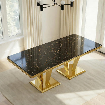 66.9" Dining Table for 4-6,Elegant Kitchen Table with Faux Marble Top Dining Room Furniture with Gold Base MDF Imitaion Marble Grain Top for Kitchen Dining Room/Meeting Room