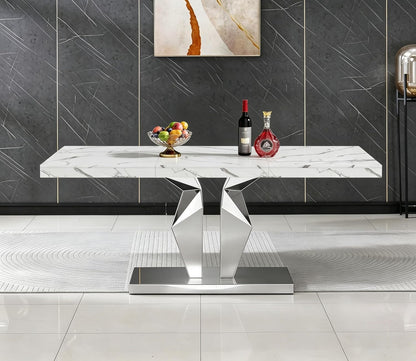 Henf Luxury Marble Dining Table for 6-8 Rectangular 70" Faux Marble Kitchen Table with Silver Mirrored Stainless Steel Base,White Faux Marble Large Long Pedestal Table (Table Only)