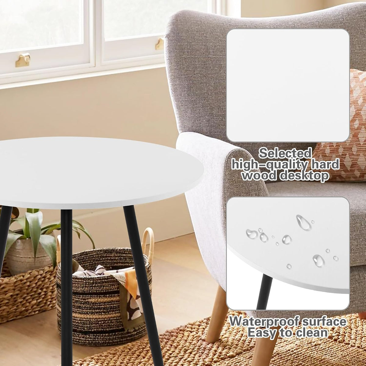 NOBPEINT Round Modern Wooden Side Table, 28 Inches End Table with 3 Metal Legs, Leisure Coffee Table (White)