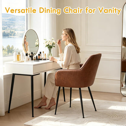LSSPAID Dining Chairs Set of 2, Upholstered Faux Leather Modern Accent Vanity Armchair with Gold Metal Legs for Kitchen Bedroom Living Room, Brown