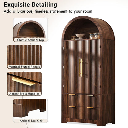 Polibi 72" Tall Arched Kitchen Pantry Cabinet with 2 Drawers & 8 Adjustable Door Shelves, Mid-Century Modern Fluted Storage Cabinet,Wooden Food Cupboard Organizer Buffet Hutch, Walnut