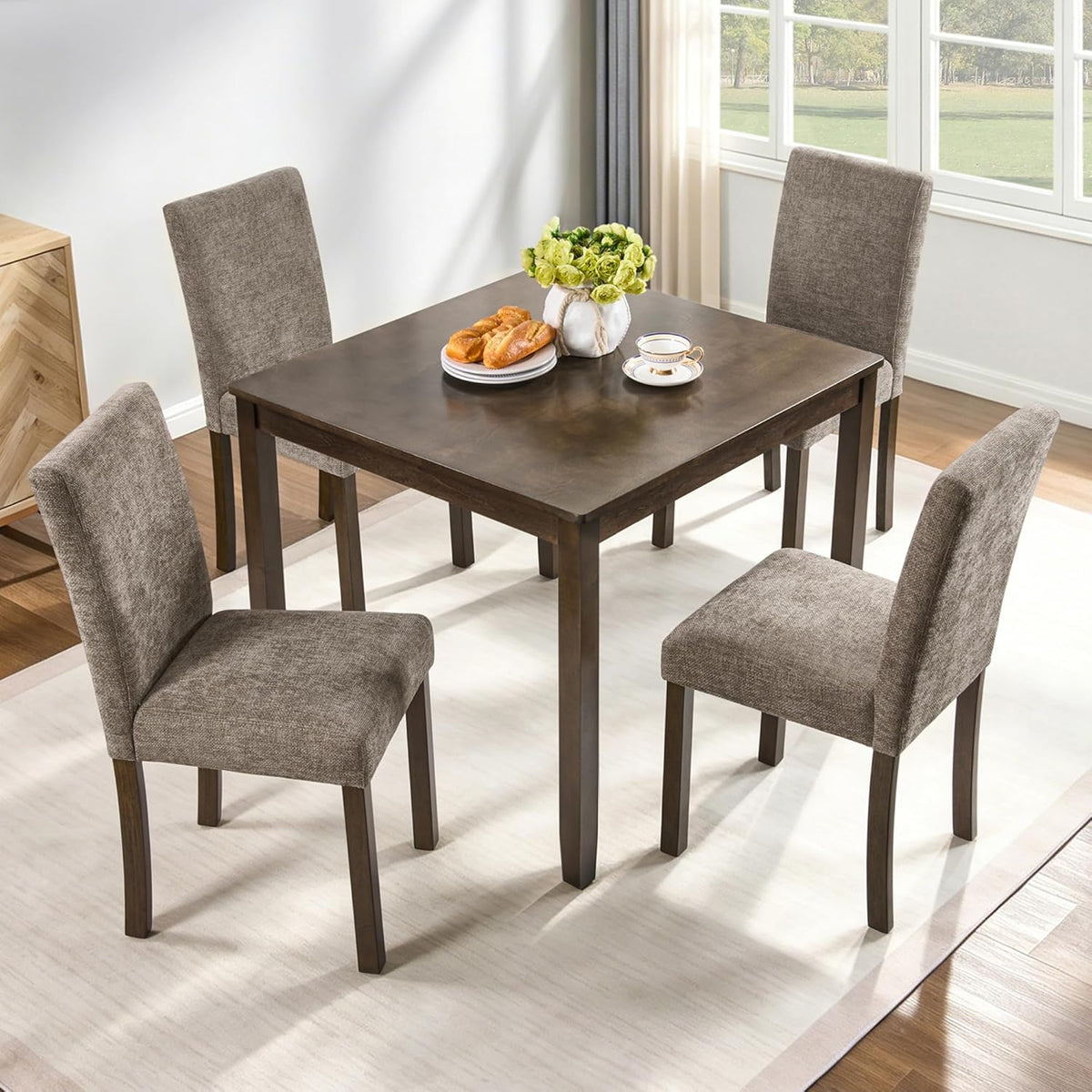 Harper & Bright Designs 5-Piece Dining Table Set with 4 Chairs, 34.5" Square Farmhouse Kitchen Table for Small Spaces, Rustic Walnut Wooden Dining Set for 4 People, Apartment & Dining Room