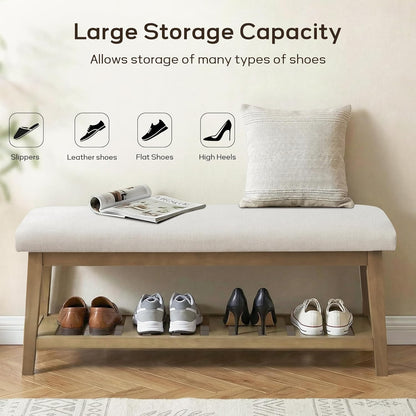 Entryway Bench with Cushion, Upholstered Shoe Rack Bench with Solid Wood Shelf, 44" End of Bed Bench for Bedroom, Chenille Fabric Storage Bench for Entryway, Hallway, Living Room (Beige)