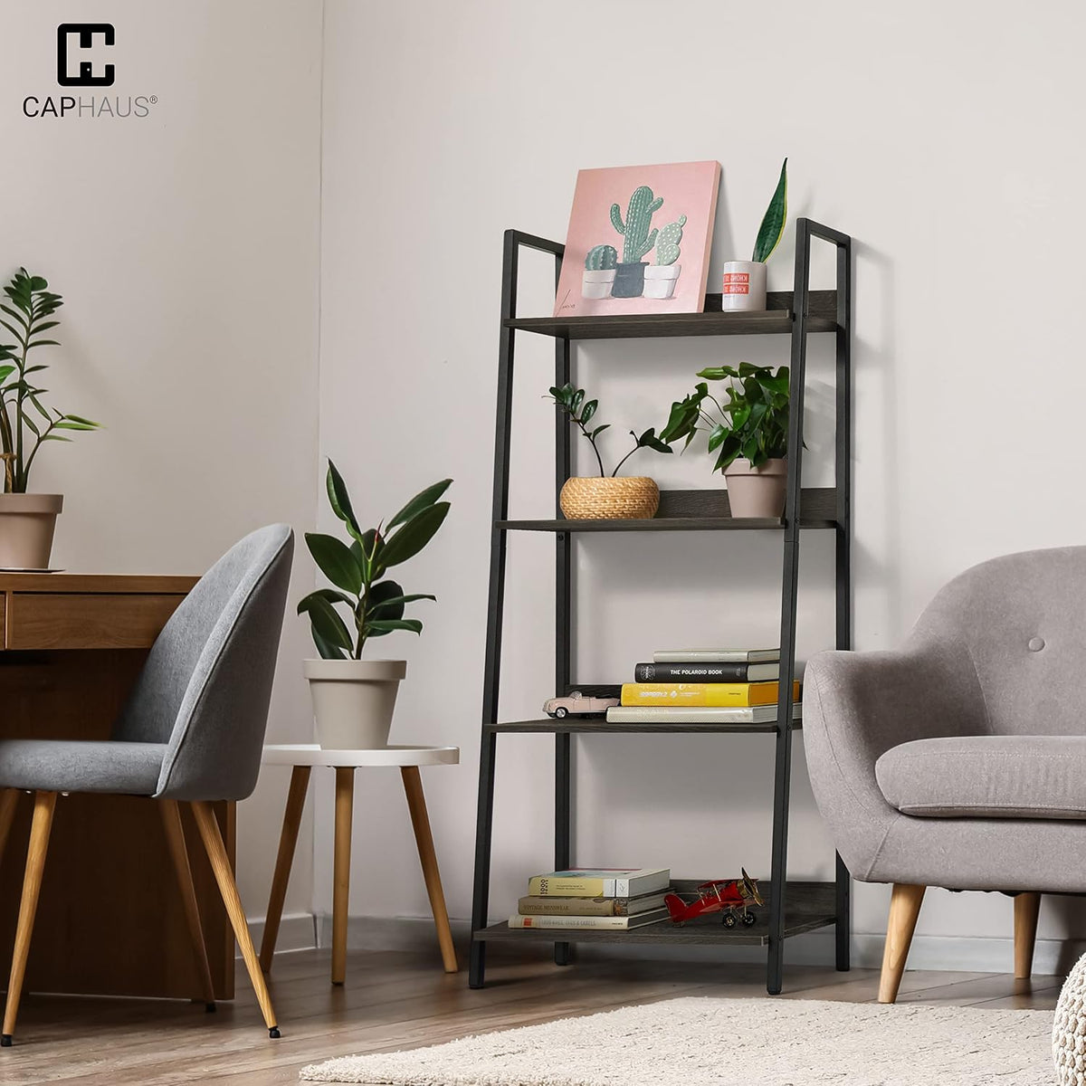 CAPHAUS 4 Tier Ladder Bookshelf, 24 Inch Width Free Standing Shelf, Bookcase Shelf Storage Rack Organizer, Industrial Book Shelves for Home Office, Living Room, Kitchen, Black Wooden Shelves