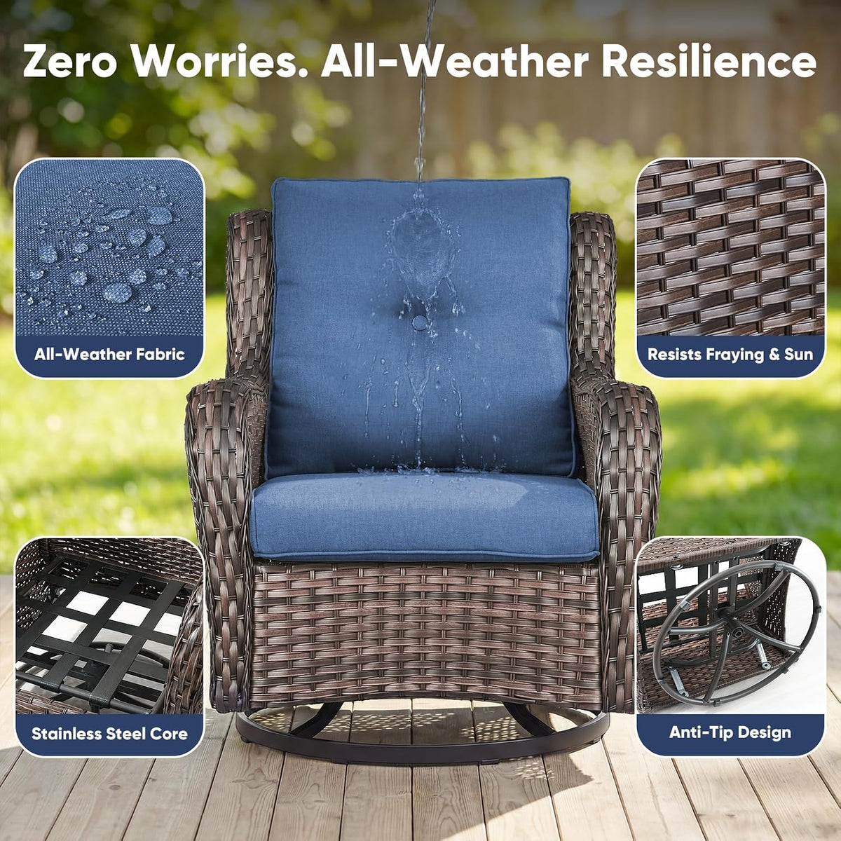 Belord 5 Piece Wicker Patio Furniture Set, Outdoor Swivel Rocker Chairs Set of 2 with Ottomans and Side Table, All Weather Patio Conversation Furniture Set, for Porch Pool, Brown Wicker/Blue
