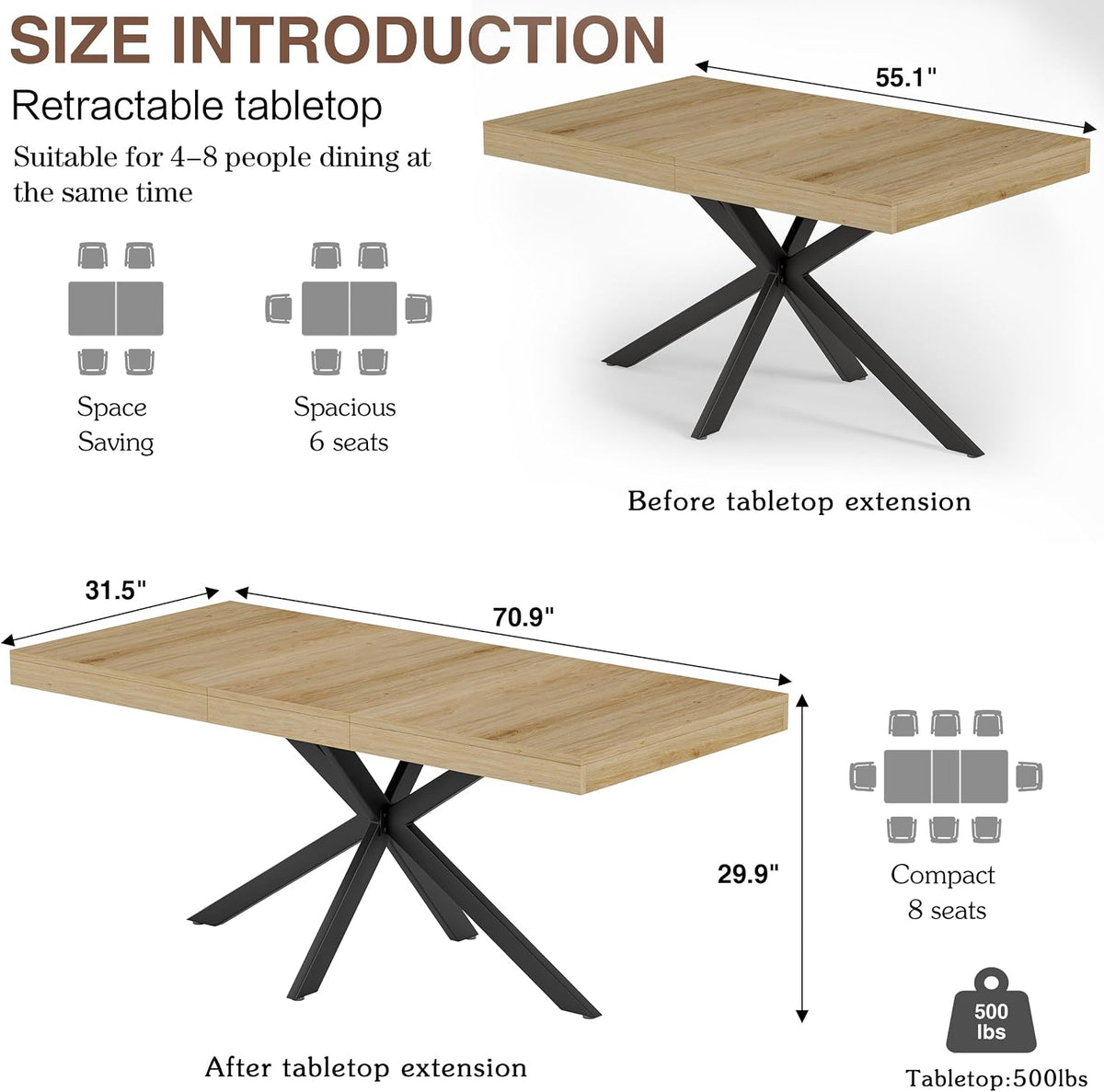 Extendable Dining Room Table for 4 6 8, 55"-71" Long Rectangle Kitchen Table,Wood Expandable Dining Table with Hidden Leaf & Storage, Space Saving, For Kitchen Dining Living Room, Farmhouse, Oak