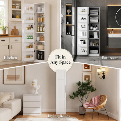 Narrow Kitchen Pantry Cabinet, 70.3" Tall Storage Cabinet with Door Racks and Adjustable Shelves, Slim Freestanding Pantry Cupboard for Kitchen, Bathroom and Small Spaces, White