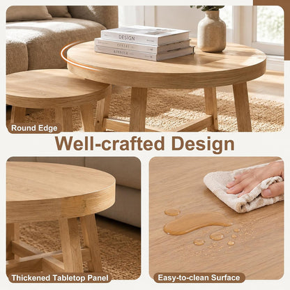 Round Nesting Coffee Tables, Set of 2, Natural Wood Finish Modern Side Tables with X-Shaped Frame, Stackable End Tables for Living Room, Bedroom