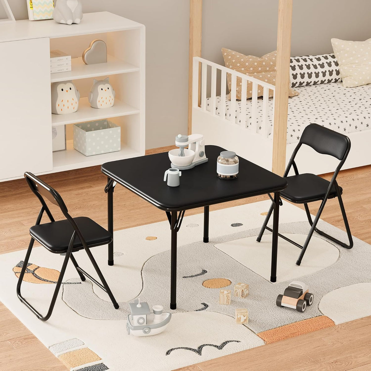 IDEALHOUSE Boys and Girls Folding Table and Chairs Set of 3, Portable Table and Chair with Pu Soft Cushion,Suitable for Eating,Reading and Playing (Black)