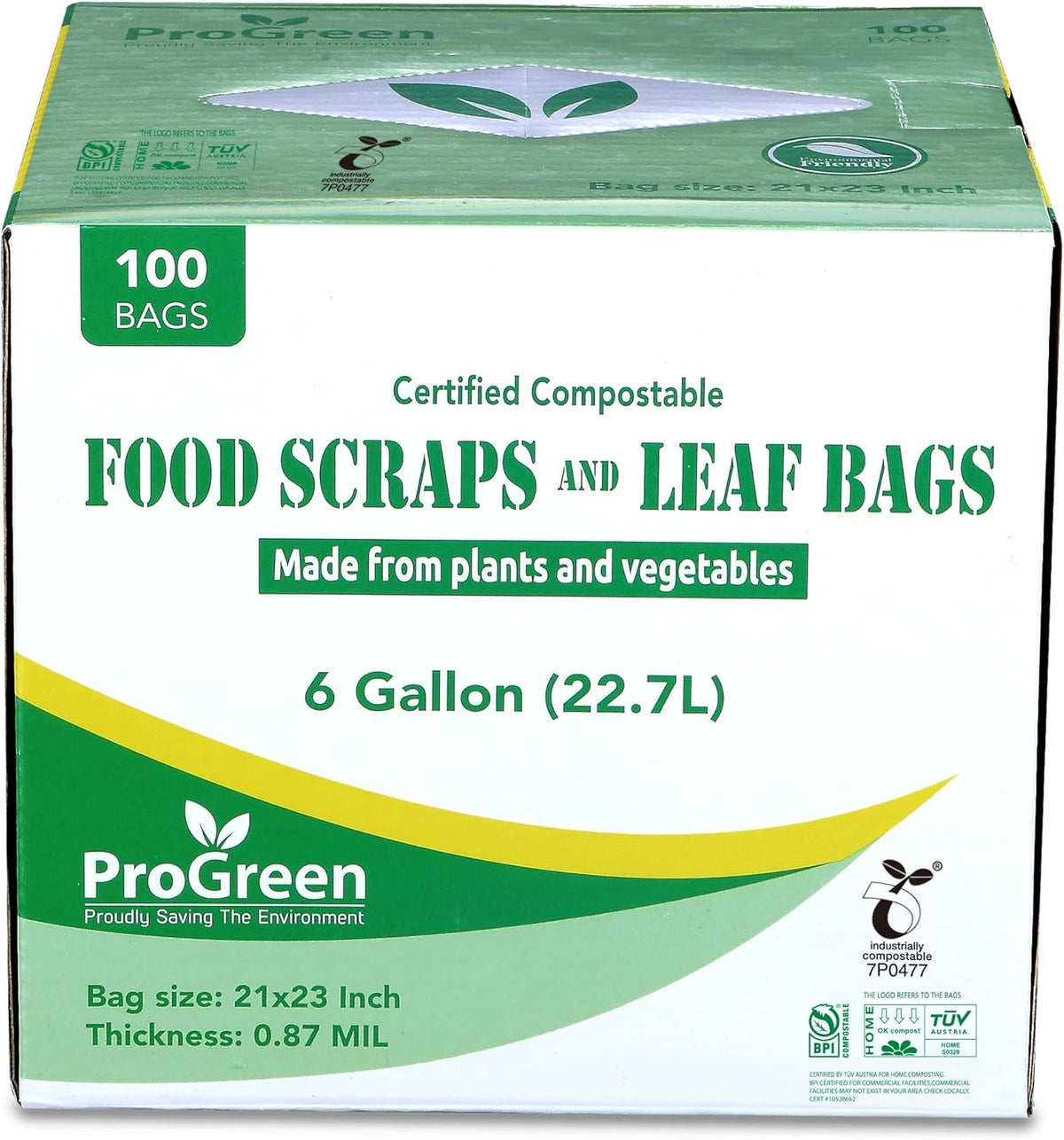 ProGreen Compostable Trash Bags, Extra Thick, Compost Kitchen Bin Bags, Food Scraps Yard Waste Bags, ASTM D6400 BPI and TÜV AUSTRIA Certified (6 Gallon, Pack of 100)