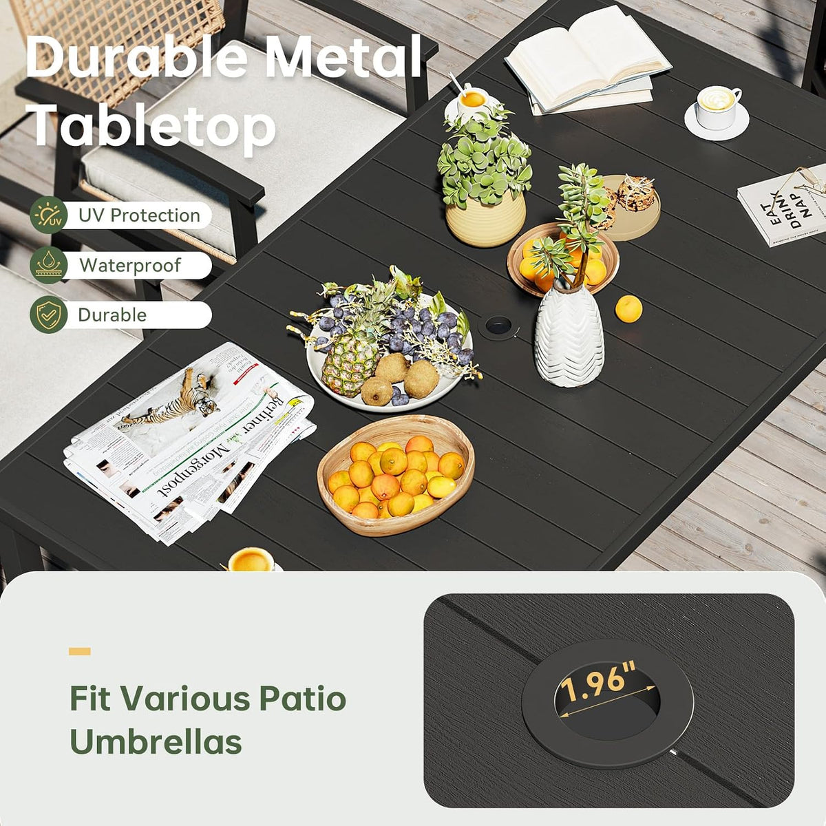 Aoxun 7-Piece Wicker Patio Table and Chairs Set for 6 with Umbrella Hole