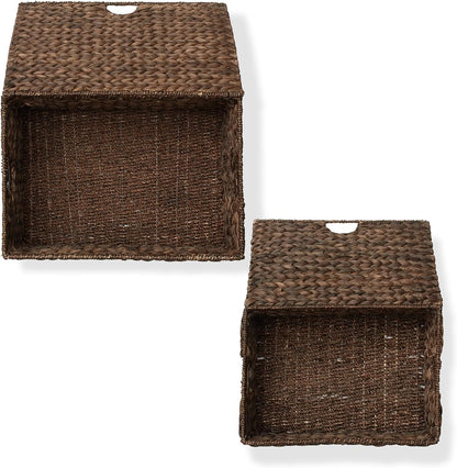Casafield Set of 2 Water Hyacinth Rectangular Storage Baskets with Lids (Espresso - Medium/Large) for Bedroom, Bathroom, Laundry, Home Office