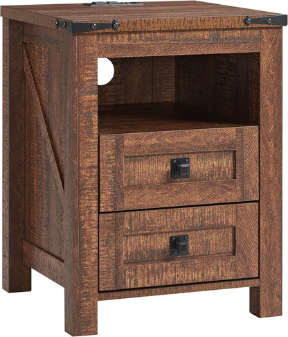 T4TREAM 18" Farmhouse Nightstand Set of 2, Reclaimed Barnwood | Charging Station, Rustic End Table, Open Shelf, 2 Drawers, Living Room, Side Table, Wood Bedside Table, Unique Corner Accent