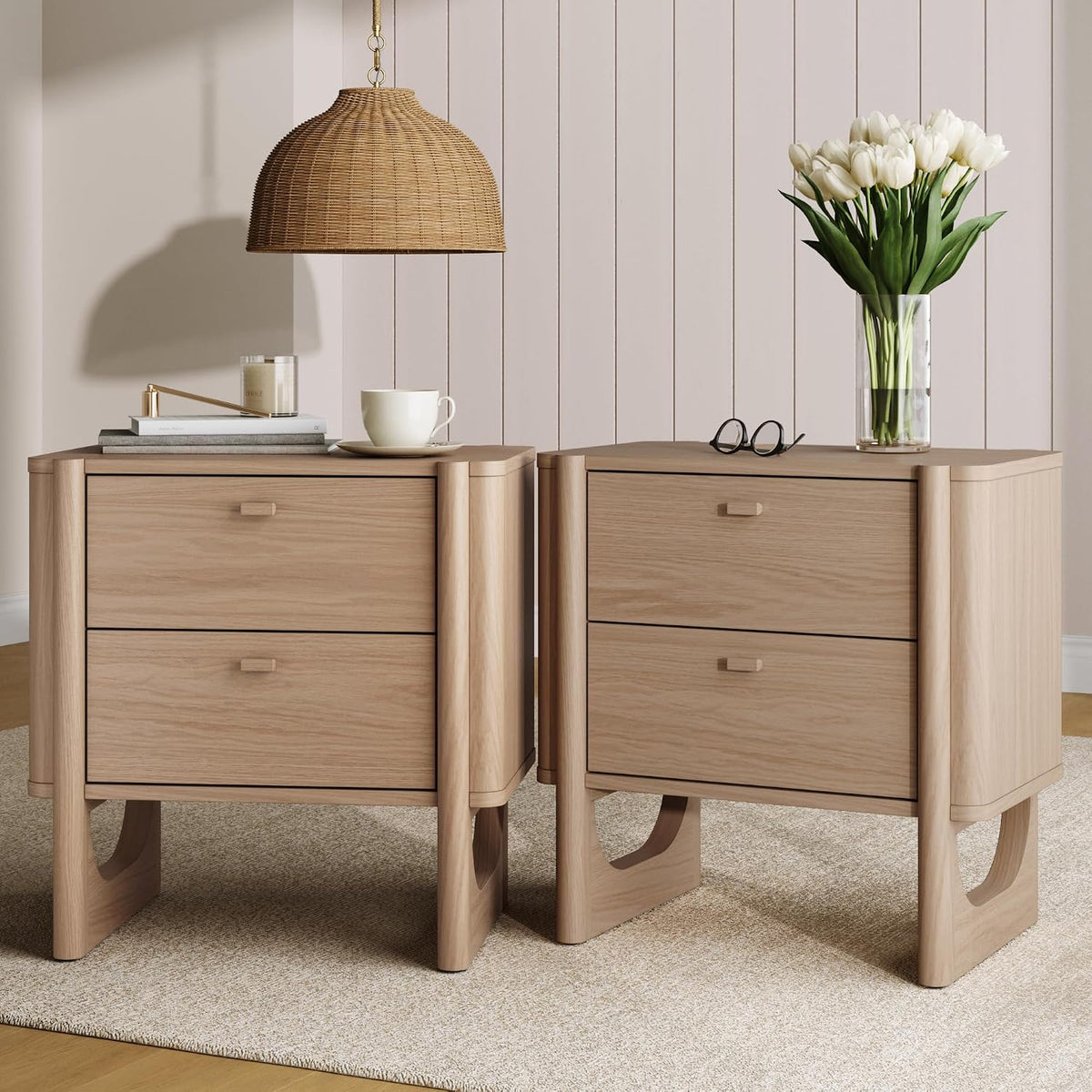 Nathan James Solace Mid Century Modern 2 Drawer Nightstand with Solid Wood Frame and Rounded Details, Raw Oak Set of 2