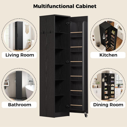 IRONCK Narrow Kitchen Pantry Storage Cabinet, 72" Slim Single Door with 6 Adjustable Shelves, Door Rack and Wheels, Space Saving Freestanding Storage Floor Cabinet for Small Place, Black
