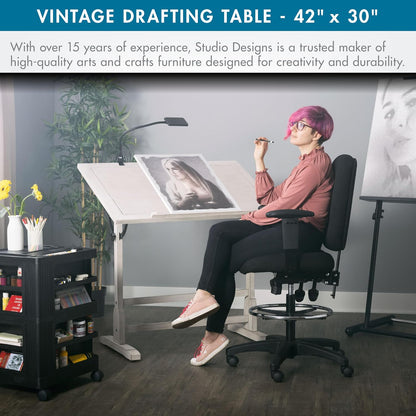 Studio Designs Wood Drawing/Drafting Table with Pencil Ledge - 42" W x 30" D - Whitewash - Tilting Top Adjustable Desk