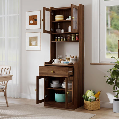 Modern Buffet with Hutch, Kitchen Pantry Storage Cabinet with 4 Glass Doors and Microwave Space for Dining Room, Living Room, Walnut