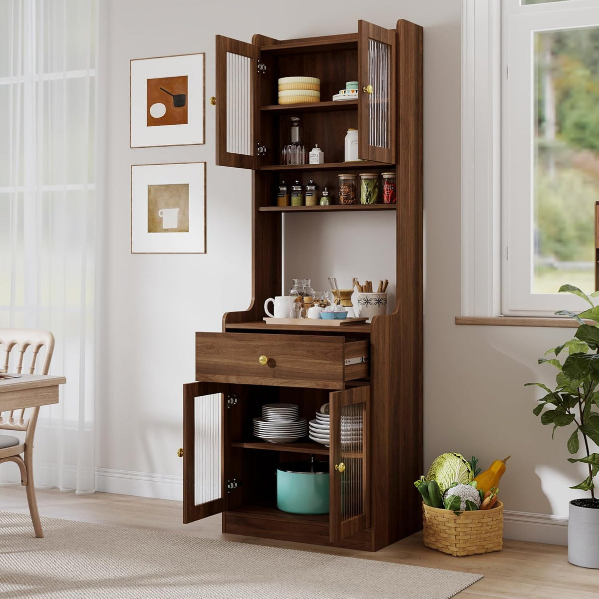 LUMISOL Modern Kitchen Pantry Cabinet with 2 Cabinets & Shelves for Dining Room, 70.87" Tall Cupboard Cabinet with Doors and Drawer, Kitchen Hutch with Microwave Stand for Living Room, Walnut