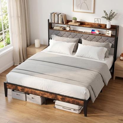 King Bed Frame with Charging Station & 2-Tier Storage Headboard, Grey