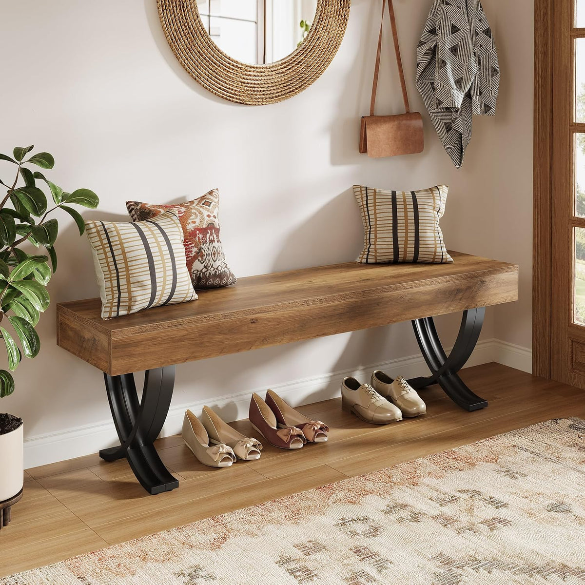 Tribesigns Entryway Shoe Bench, 55-Inch Wooden Shoe Bench with Metal X-Shaped Legs, Industrial Long End of Bed Stool with Seating for Bedroom, Living Room, Hallway, Porch