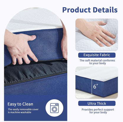 Folding Mattress Single Size,6" Trifold Foldable Sofa for Camping,White | Memory Foam Tri Portable Trifold Mattress Topper Single with Breathable & Washable Cover, 75"×25"×6"