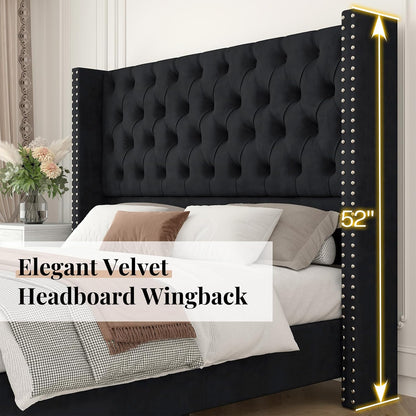Jocisland King Size Bed Frame with 51.6" Velvet Wingback Headboard, Black