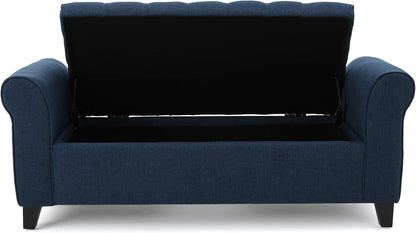 ‎GDF Studio Keiko Fabric Armed Storage Bench, Dark Blue, Dimensions: 19.75”D x 50.00”W x 20.5”H